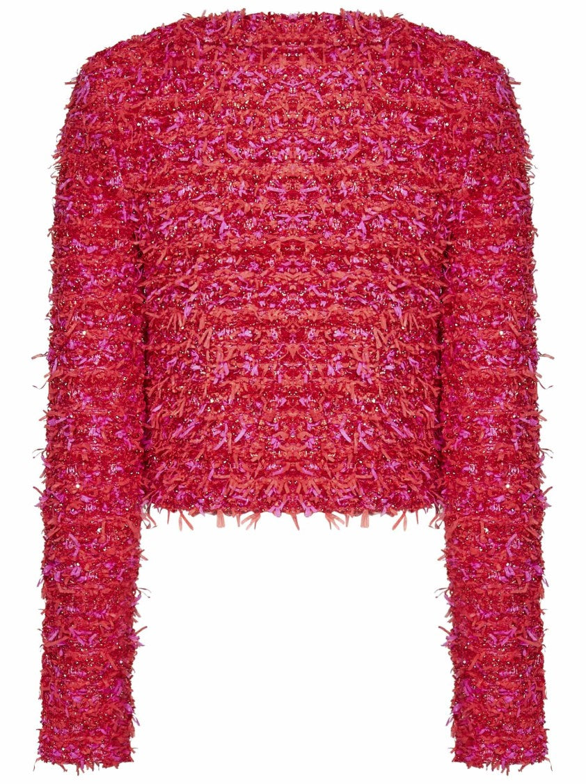 Balmain Cropped Red And Pink Lamé Textured Tweed Jacket