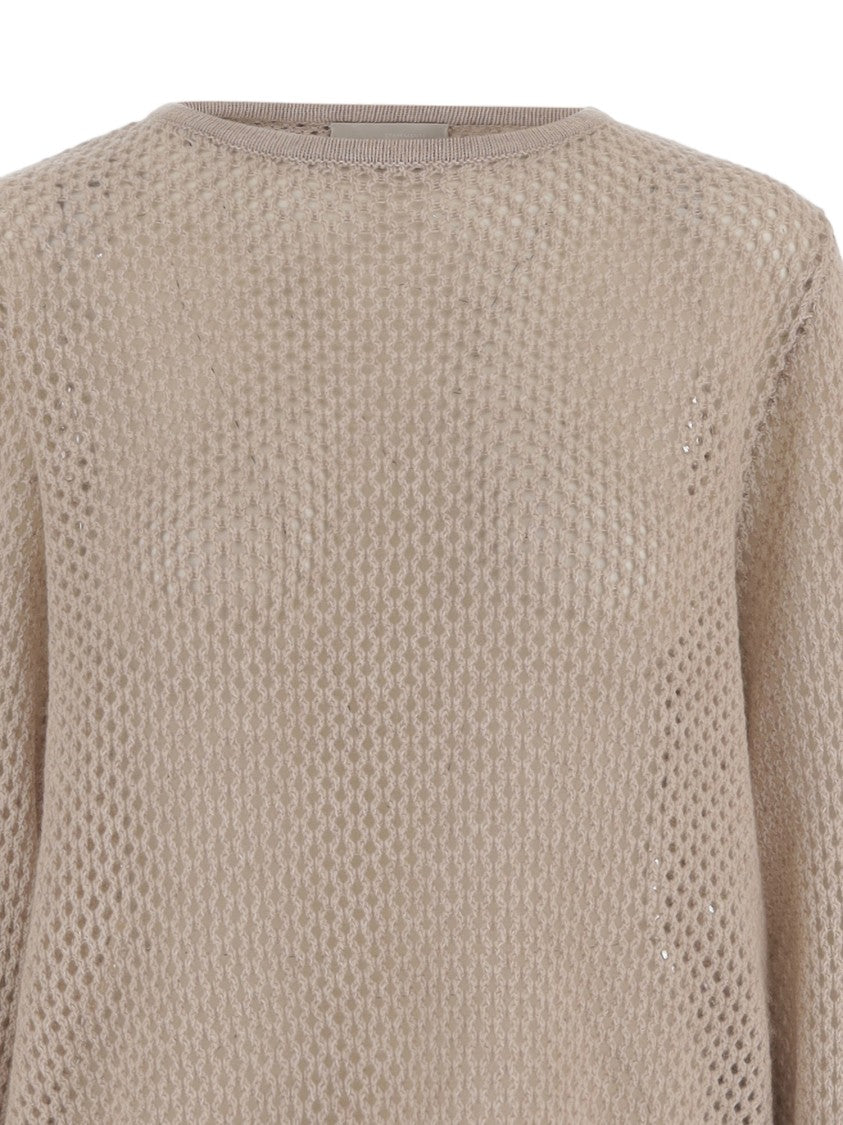 Allude Geometric Openwork Knit Sweater With Curved Hem