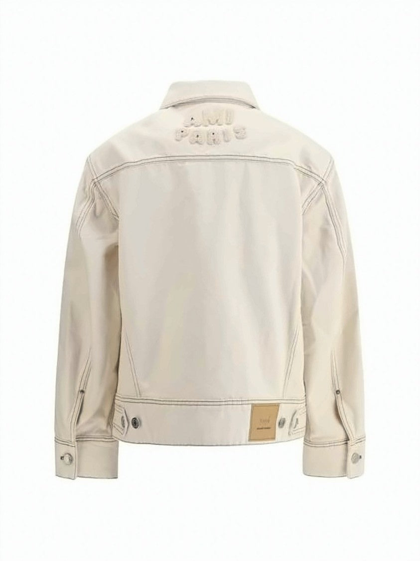Ami Paris Cropped Denim Jacket With Flap Pockets And Embroidered Detail