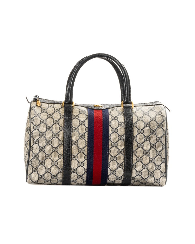 Gucci Medium Vintage Boston Bag In Gg Supreme Canvas With Blue Leather Accents