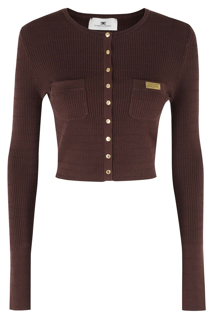 Elisabetta Franchi Brown Tricot Knitted Micro-Braids Lyocell-Blend Cardigan