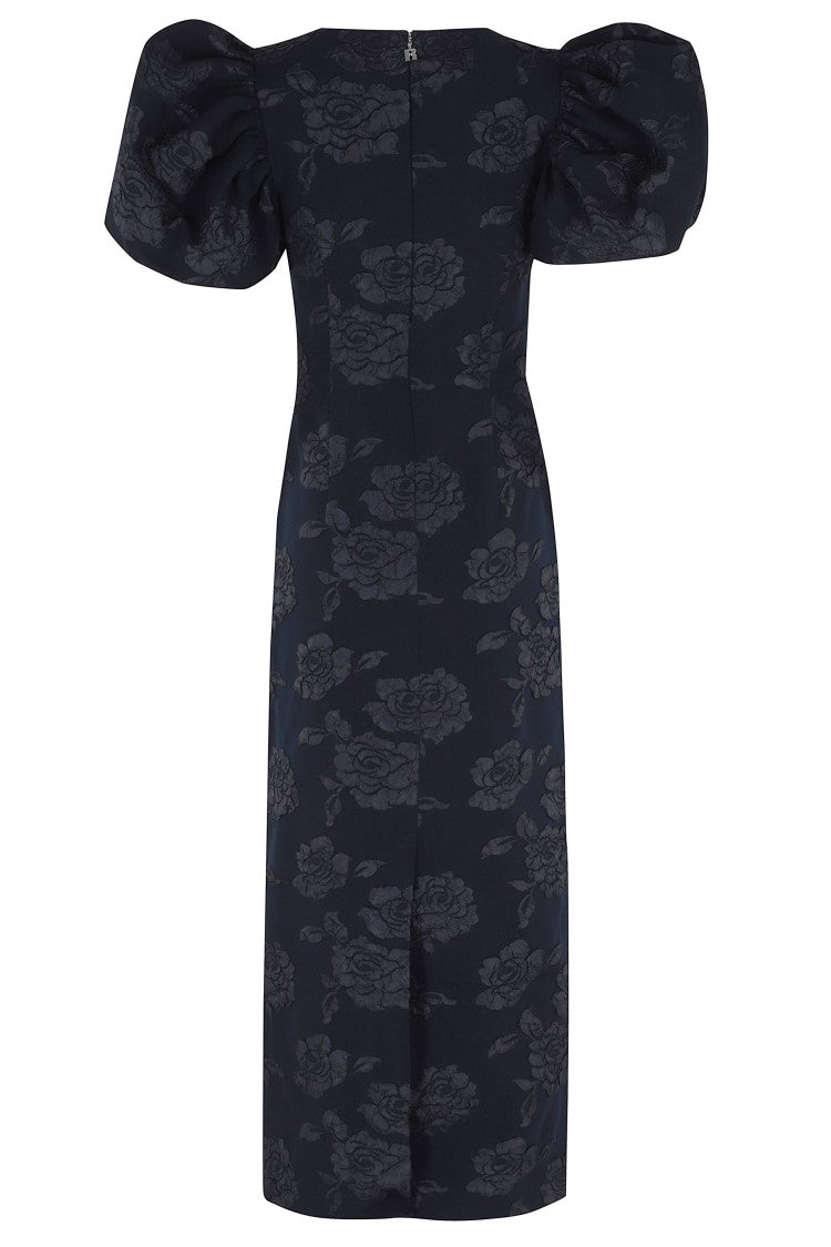 Rotate Dark Blue Jacquard Puff Sleeve Floral Polyester Midi Dress