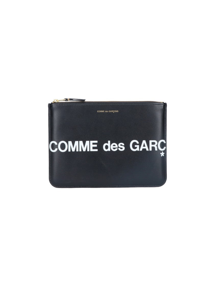 Comme Des Garçons Black Leather Pouch Wallet With Logo Print And Gold Accents
