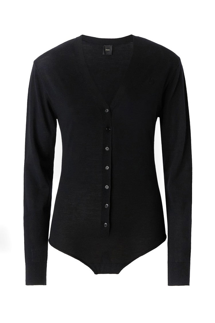 Pinko Black Wool Bodysuit With Deep V-Neckline