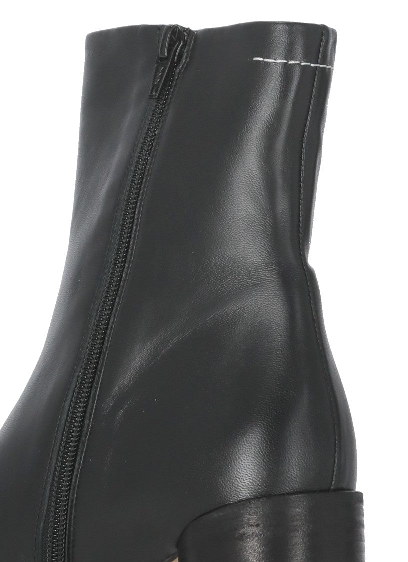 Mm6 By Maison Margiela Squared Toe Black Leather Boots With Side Zip Closure