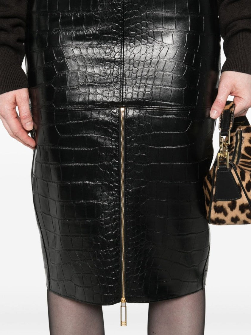Elisabetta Franchi Crocodile-Embossed Black Midi Skirt