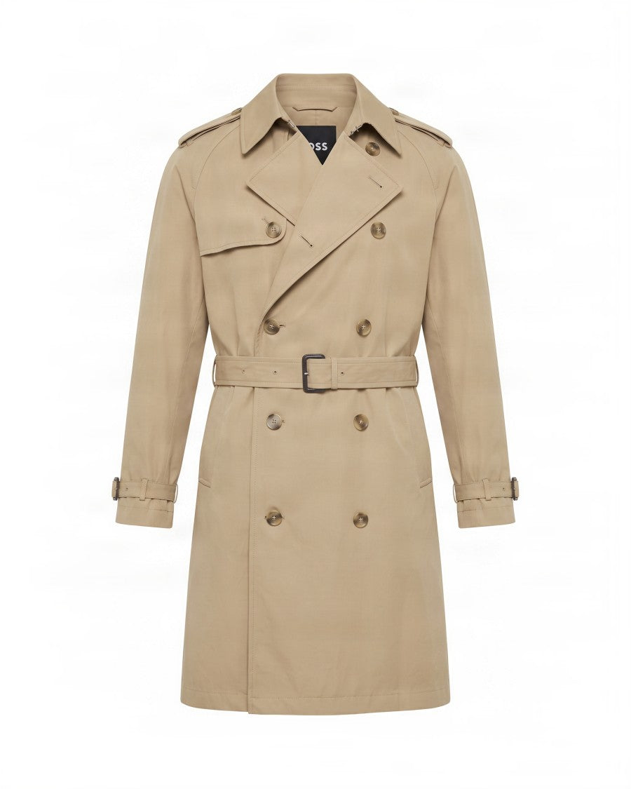 Boss Camel Double-Breasted Belted Cotton Trench Coat