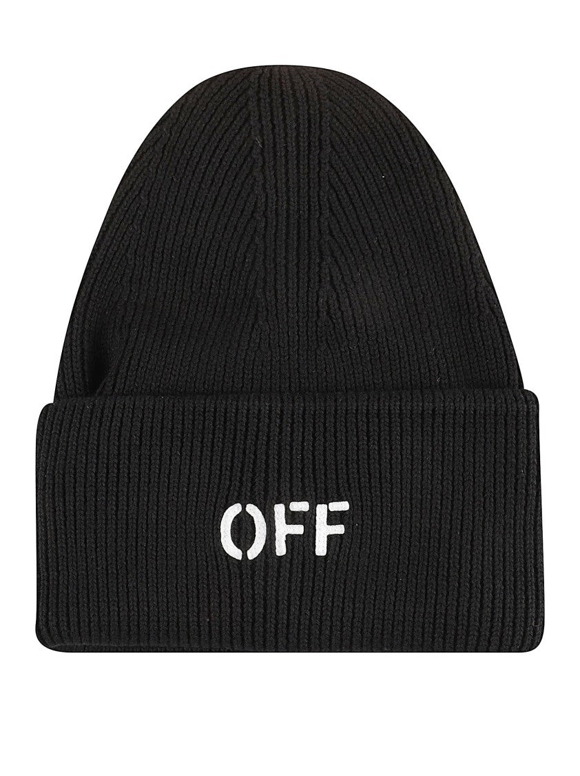 Off-White Ribbed Knit Beanie Hat With Embroidered Detail