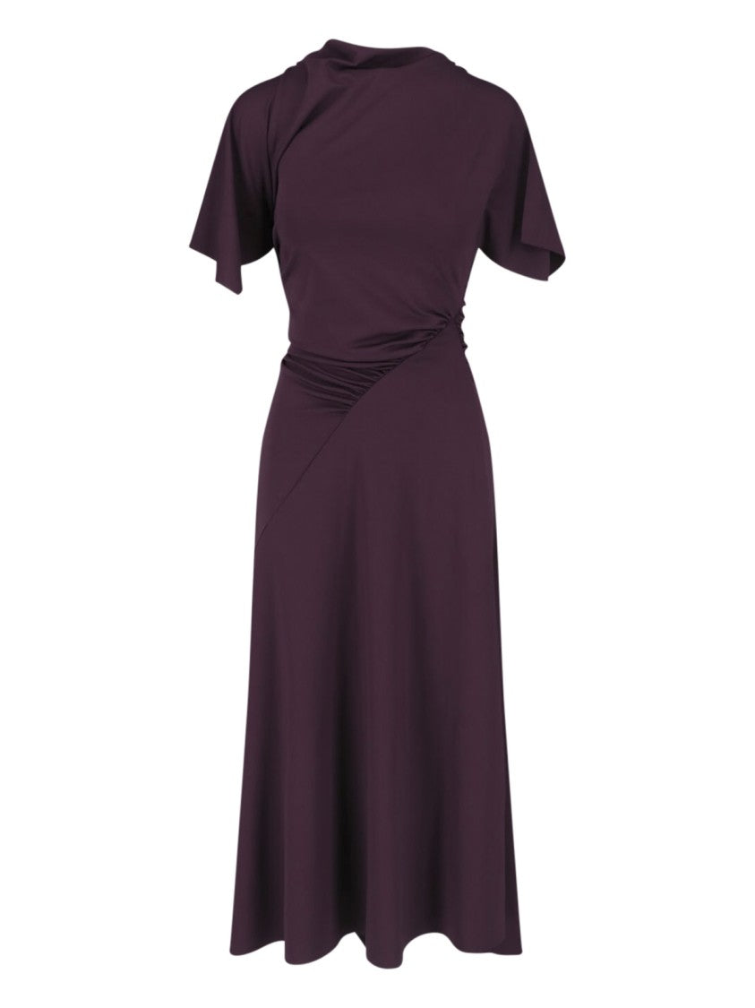Victoria Beckham Burgundy Midi Dress With Ruched Asymmetrical Detailing