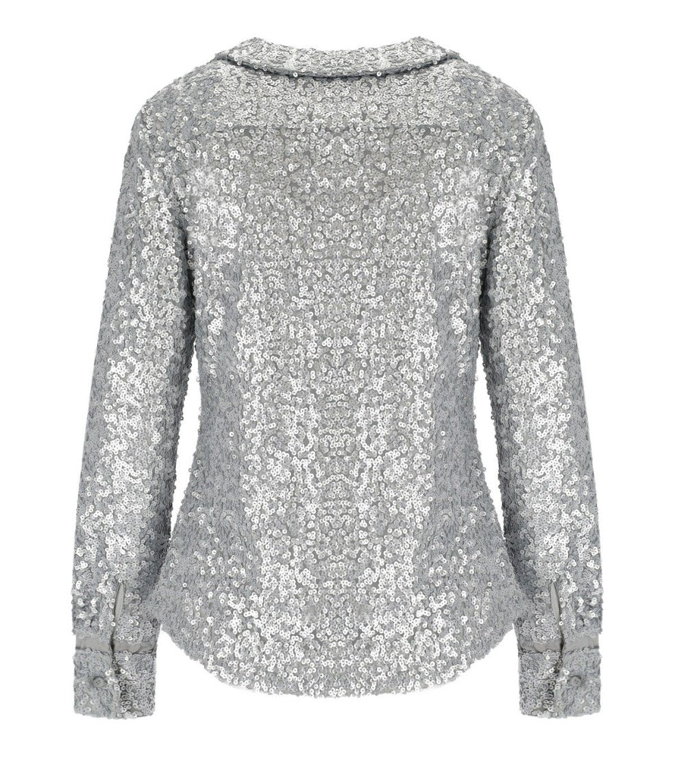 Stine Goya Silver Sequined Shirt With Double Collar And Pockets