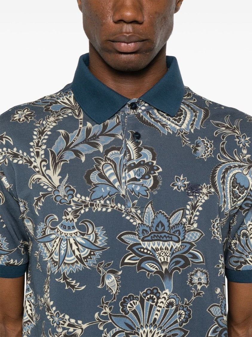 Etro Floral Print Poloshirt In Rich Prussian Blue
