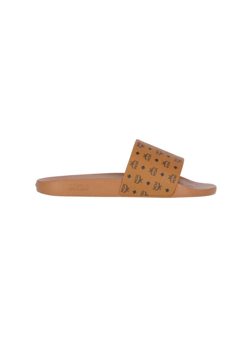 Mcm "Monogram Print" Slide Sandals Brown