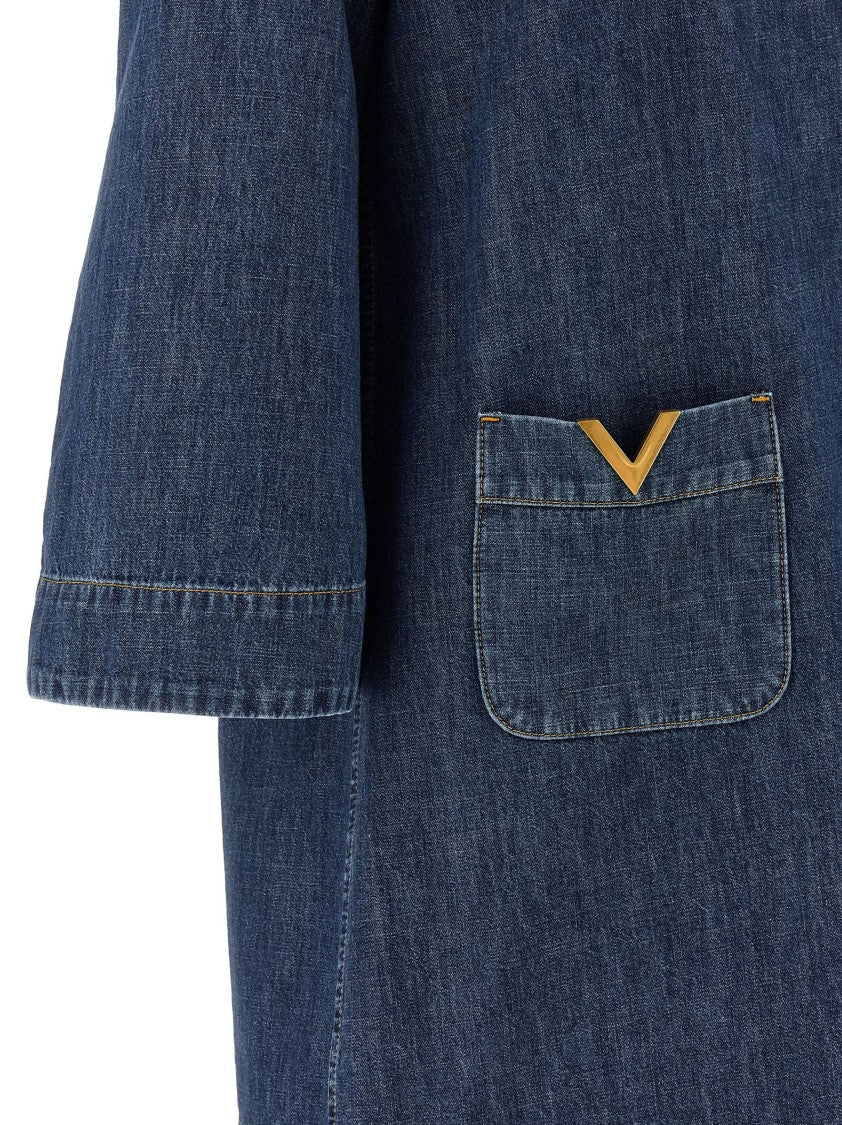 Valentino Garavani Medium Wash Chambray Denim Dress With V-Neck And Antiqued Gold Accents