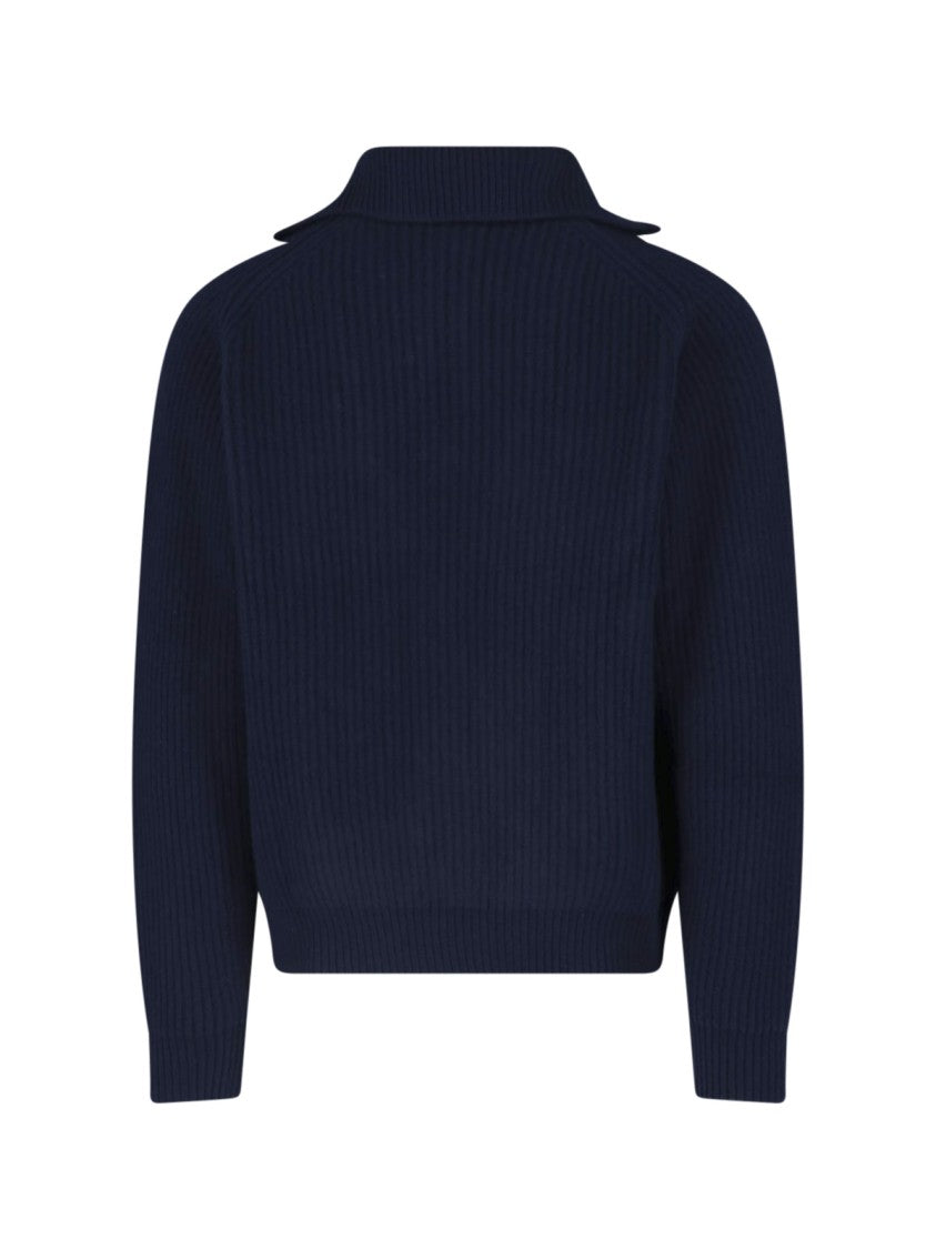 Jil Sander Half-Zip Ribbed Knit Sweater With Wide Collar