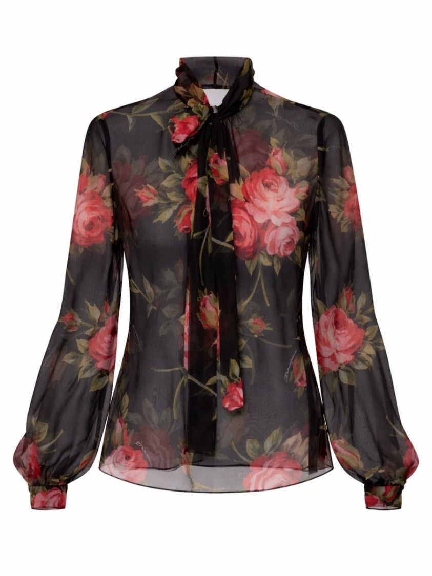 Dolce & Gabbana Black Rose Bouquet Printed Silk Blouse