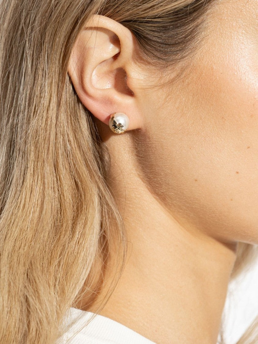 Tory Burch Oval Pearl Earrings With Gold-Tone Logo Accent