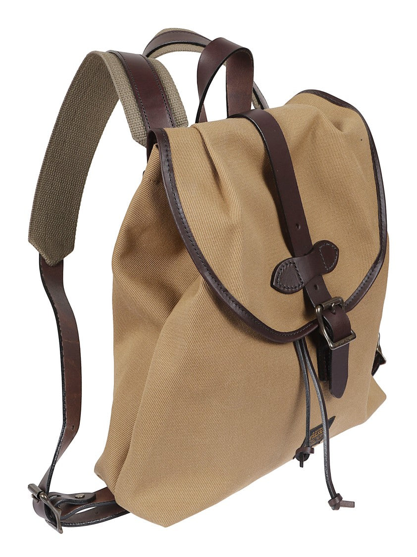 Filson Structured Tan Cotton Drawstring Backpack With Leather Accents