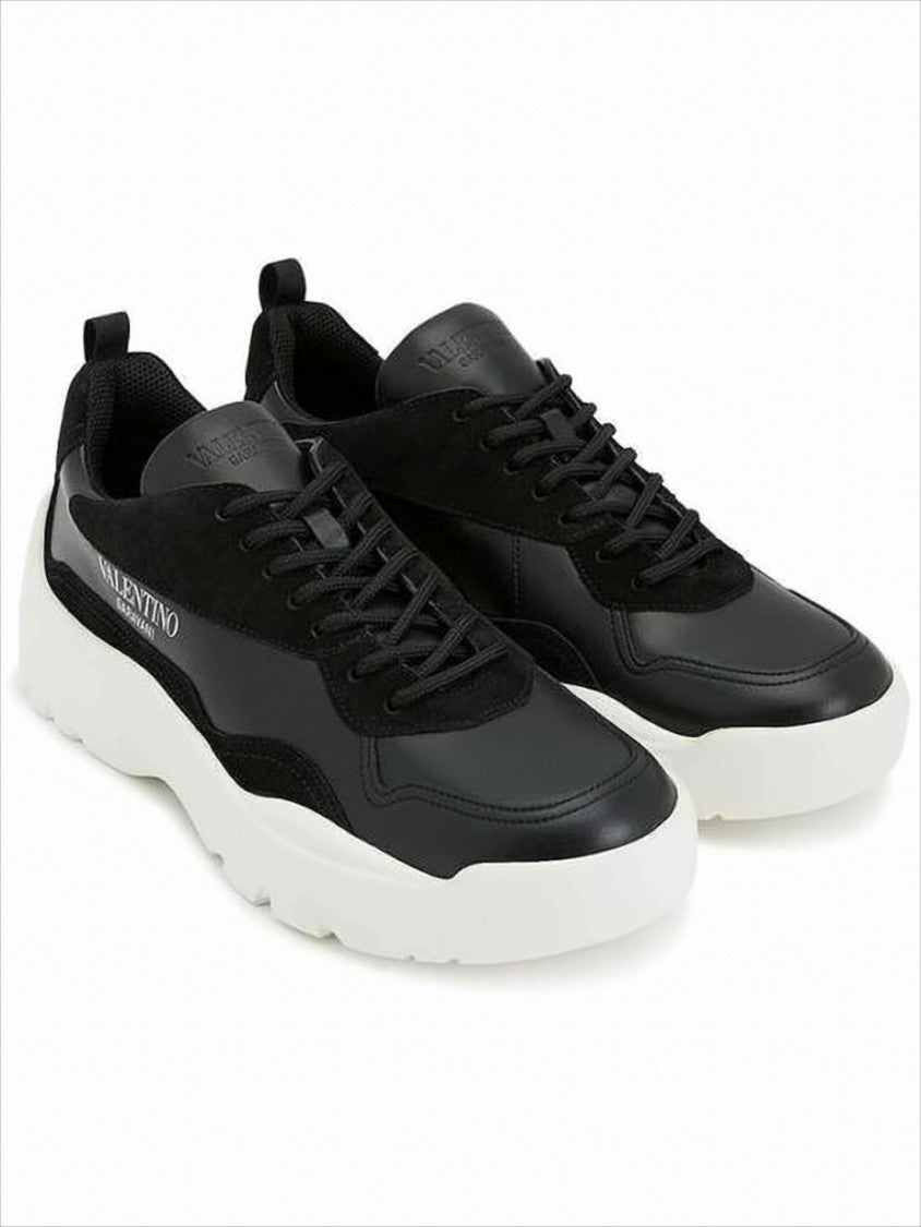 Valentino Garavani Black Leather And Suede Sneakers With Logo Detail