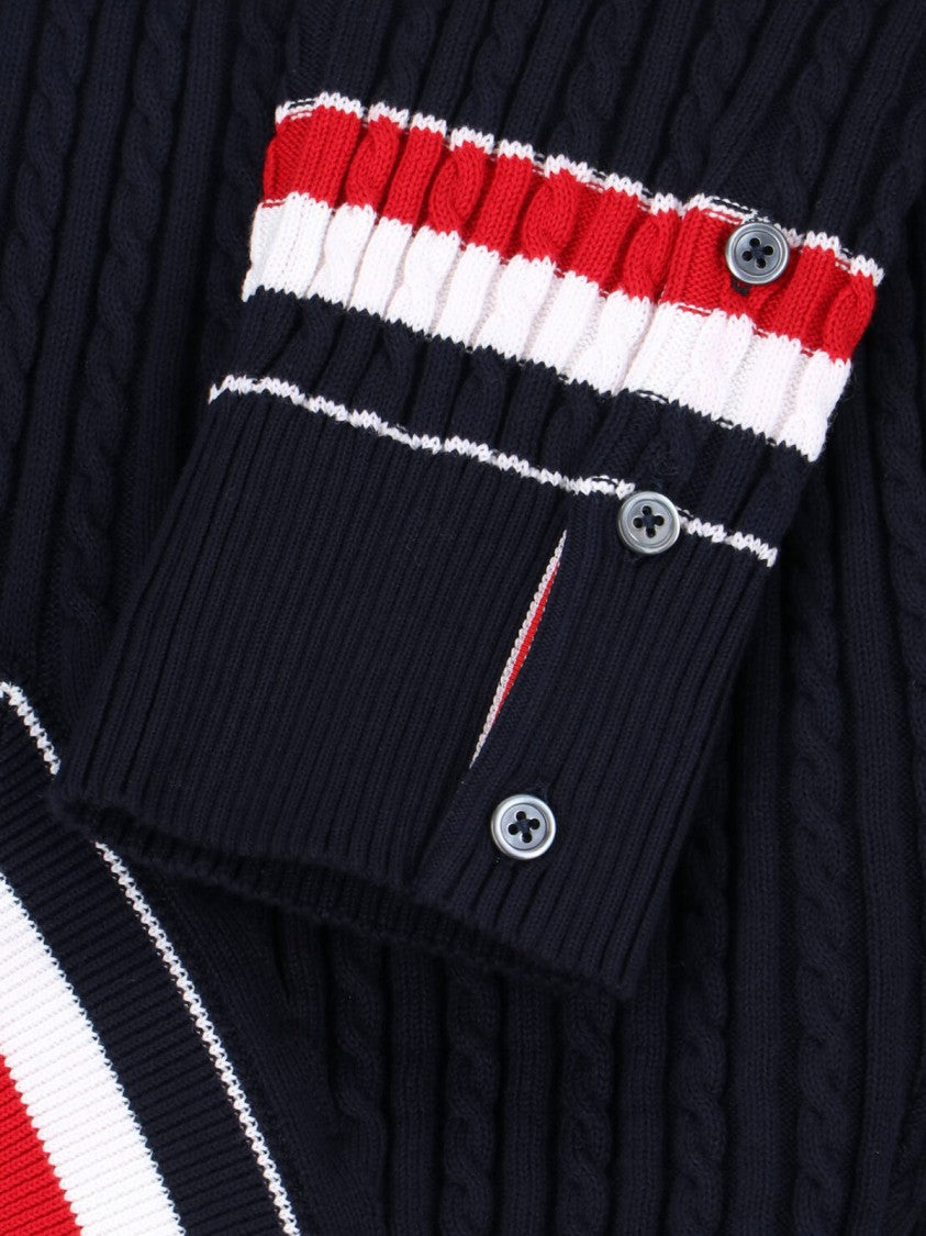 Thom Browne Navy Ribbed Cotton V-Neck Sweater