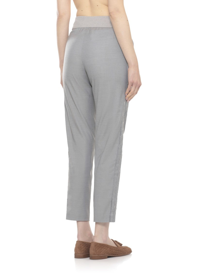 Panicale Grey Wool-Blend Embellished Straight-Leg Pants