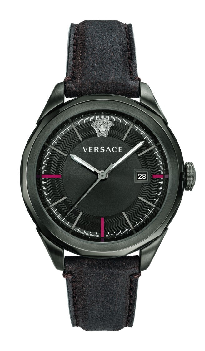 Versace Modern Stainless Steel Analog Watch With Luminous Dial And Brown Leather Strap