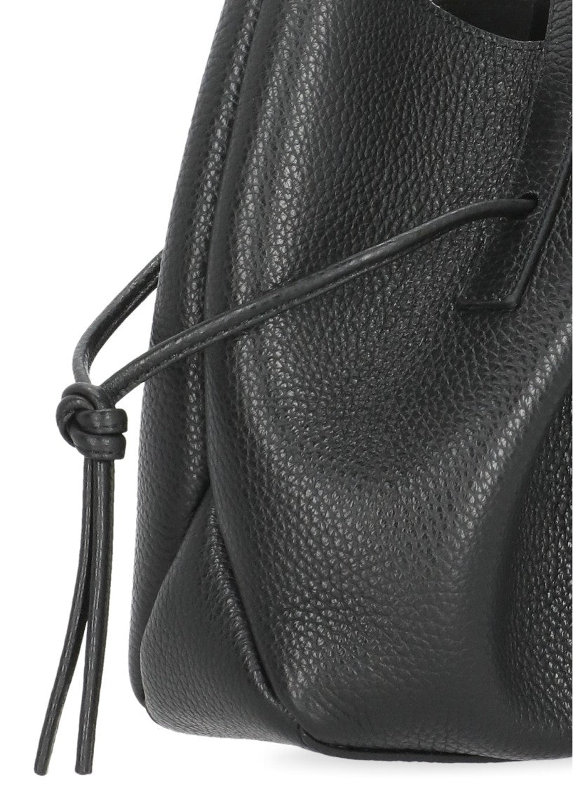 Yuzefi Draped Black Leather Shoulder Bag With Scalloped Structure