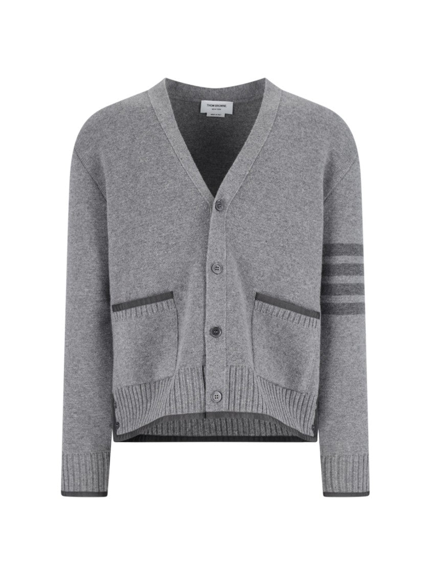 Thom Browne Grey Cardigan With V-Neckline And Signature Stripes