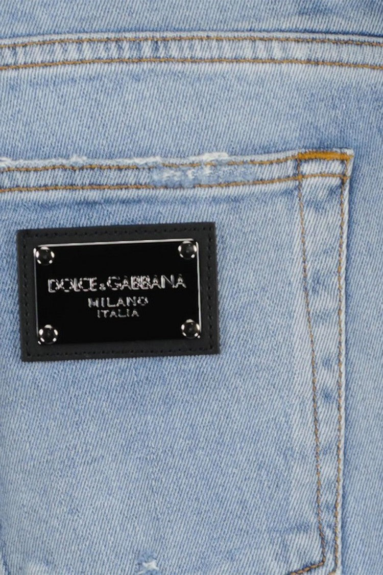 Dolce & Gabbana Light Blue Cotton-Elastane Distressed Slim Jeans