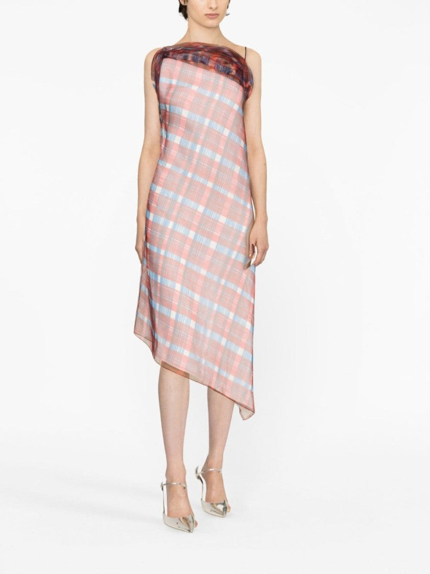 Ferragamo Asymmetric-Hem Plaid Organza Midi Dress