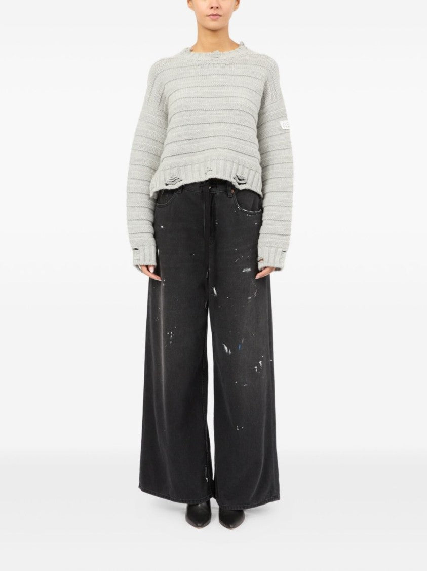Mm6 By Maison Margiela Cropped Grey Sweater With Ribbed Knit