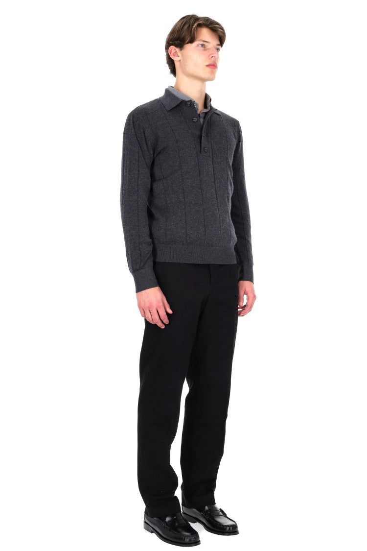 Eleventy Cotton-Cashmere Blend Long Sleeve Polo With Horn Buttons