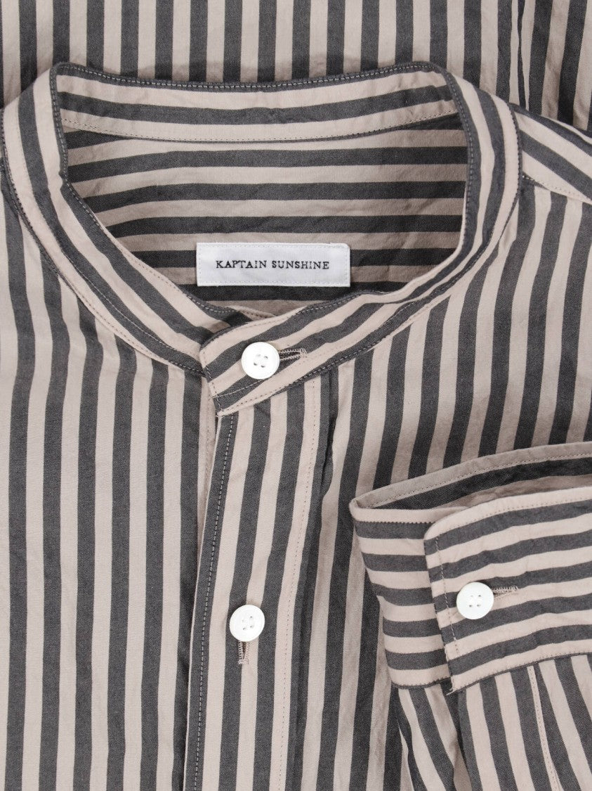 Kaptain Sunshine Brown Striped Cotton Band Collar Shirt