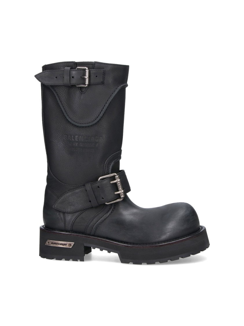 Balenciaga Venom Mid-Calf Boots With Adjustable Silver Buckles And Embossed Logo