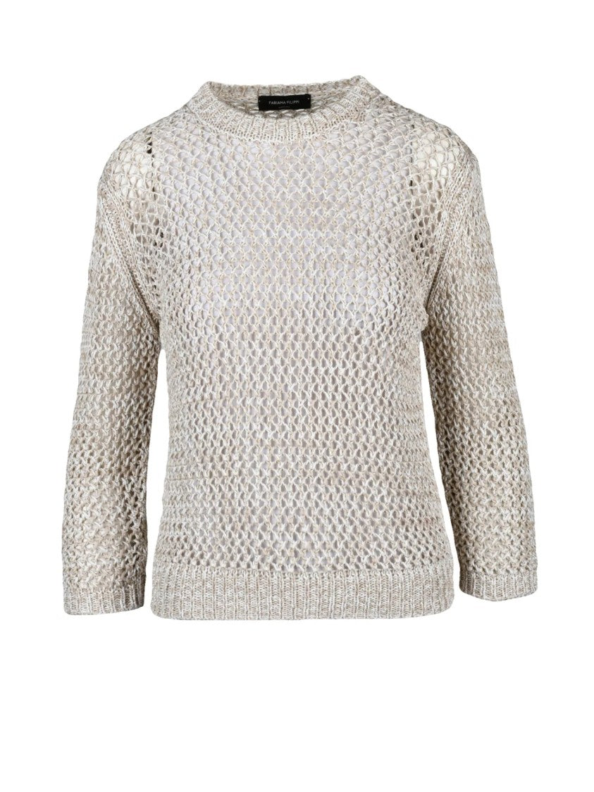 Fabiana Filippi Beige White Two-Tone Open Weave Short Cotton Knit Top