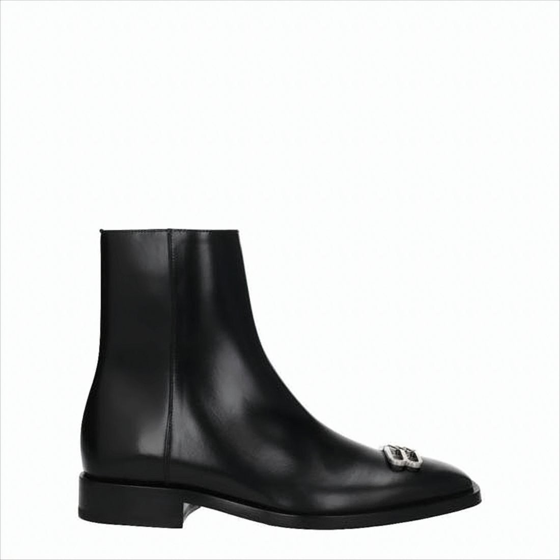 Balenciaga Mid-Ankle Black Leather Boots With Metallic Buckle Detail