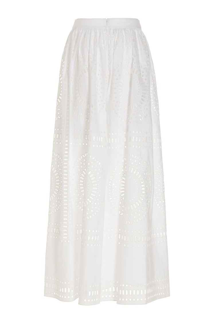 Alberta Ferretti Perforated White Midi Skirt Gathered Waistband