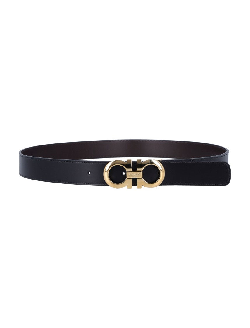 Ferragamo Double Oval Buckle Black Leather Belt