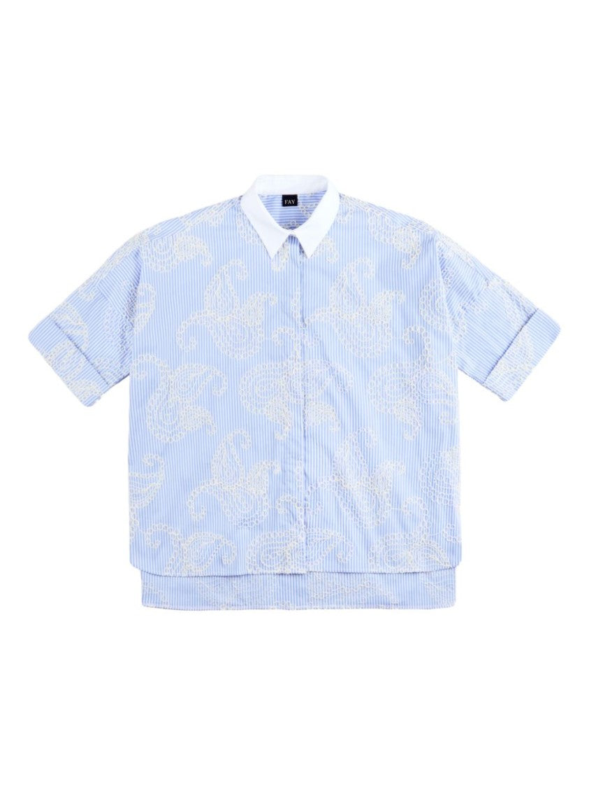Fay Light Blue Striped Shirt With Embroidered Detailing And Classic Collar