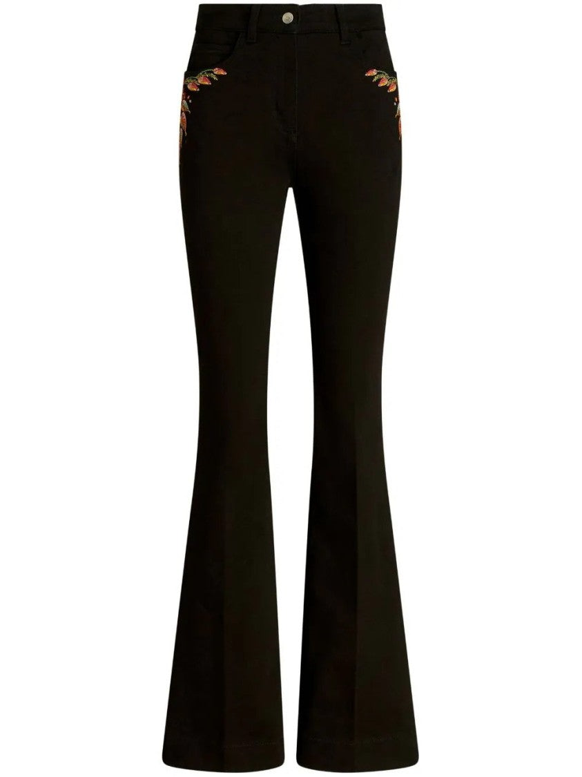 Etro Wide Leg Black Jeans With Floral Embroidery