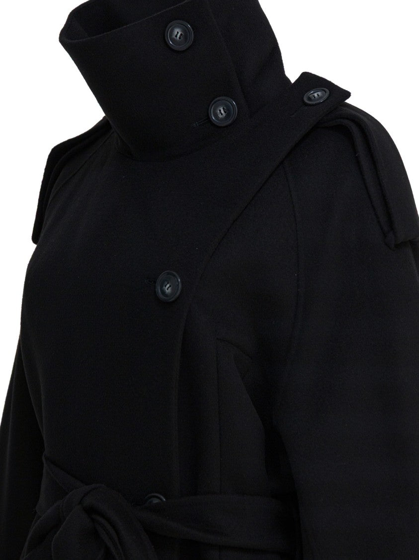 Max Mara Virgin Wool Long Coat With High Stand Collar And Asymmetrical Front