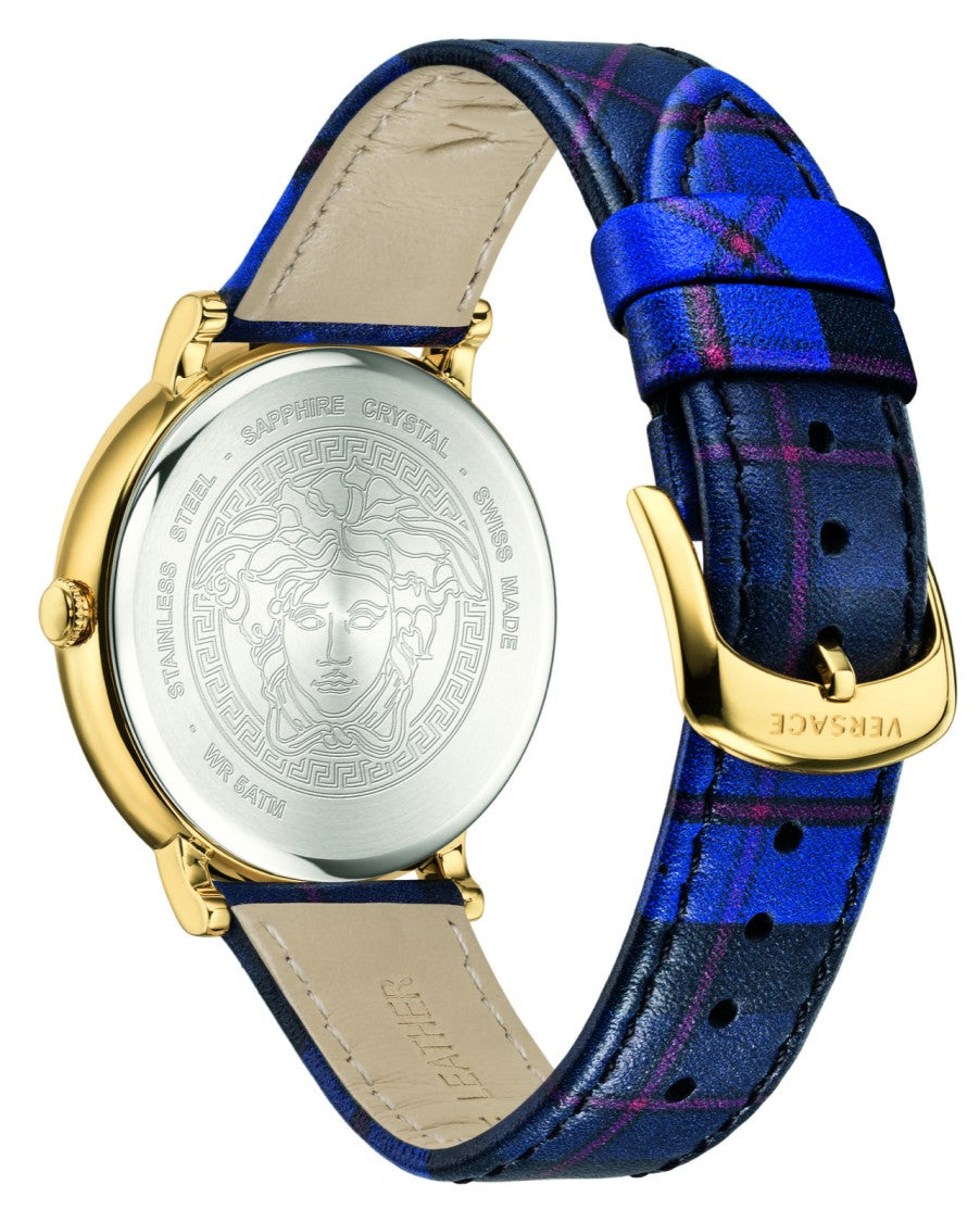 Versace Quartz Analog Wristwatch With Gold-Tone Case And Blue Leather Strap