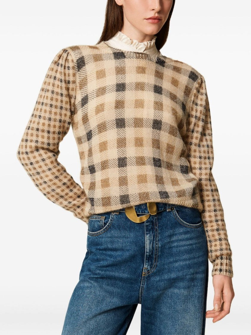 Twin-Set Checkered Knit Sweater With Puffed Sleeves