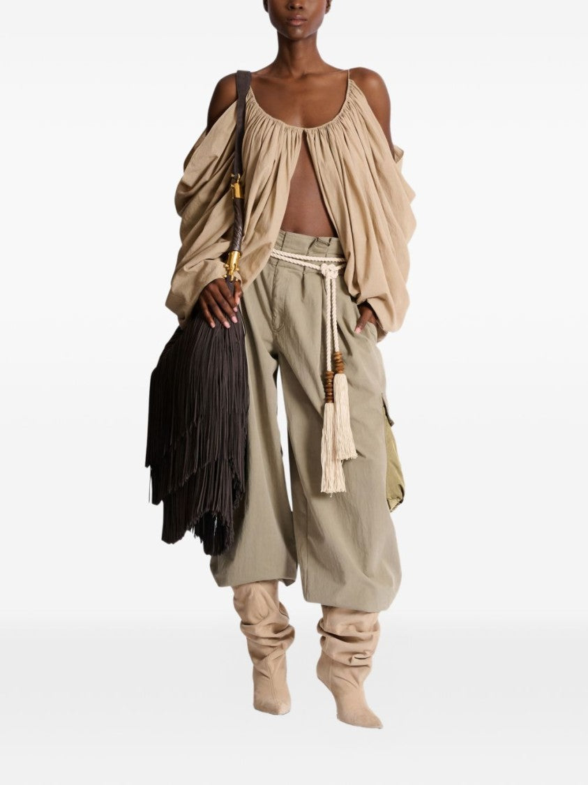 Balmain Beige Gathered Cut Out Cotton Top