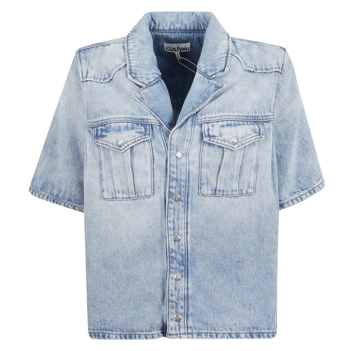 Ganni Short-Sleeved Denim Shirt With Front Pockets
