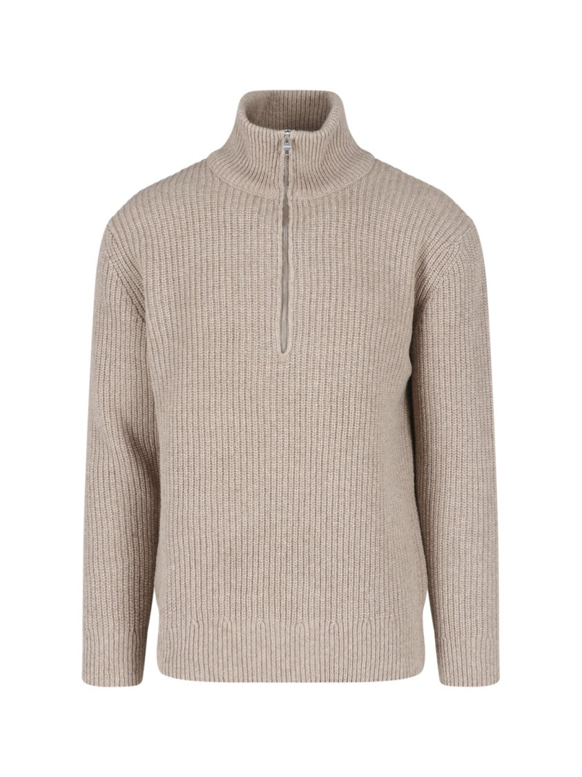 Closed Beige Wool Ribbed Zip Turtleneck Sweater