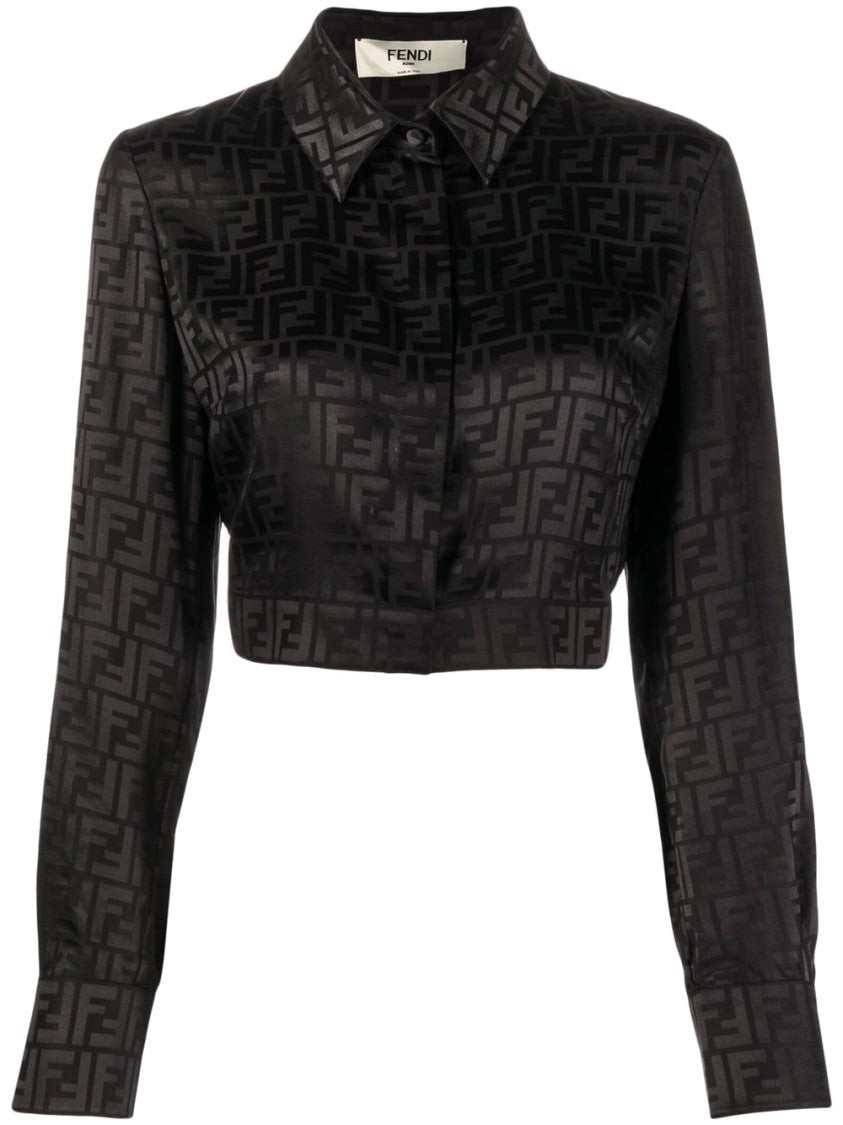 Fendi Black Cropped Long-Sleeved Monogram Shirt