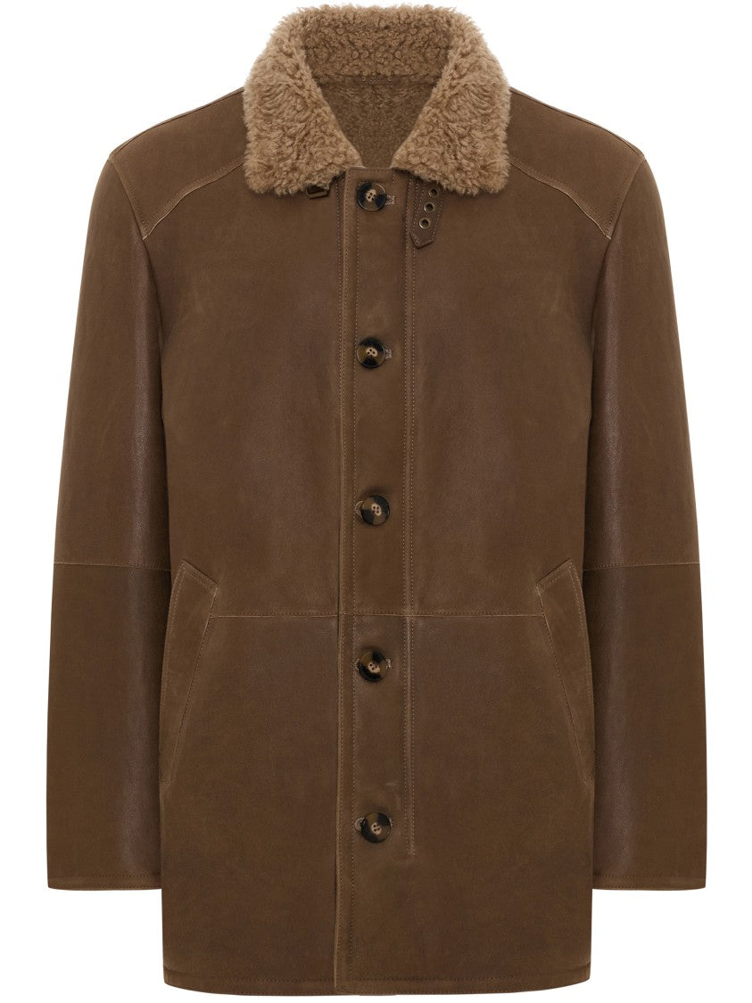 Bigardini Mid-Length Brown Merinillo Shearling Jacket With Plush Collar