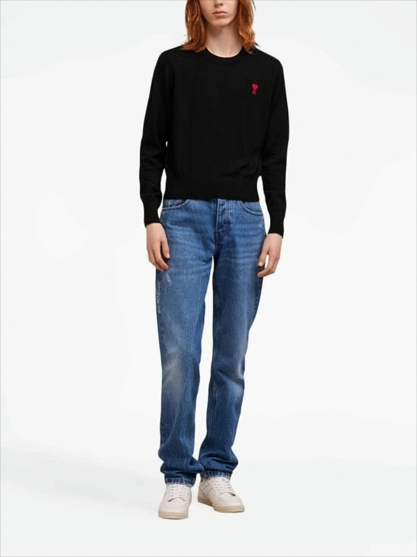 Ami Fitted Black Merino Wool Sweater With Heart Logo