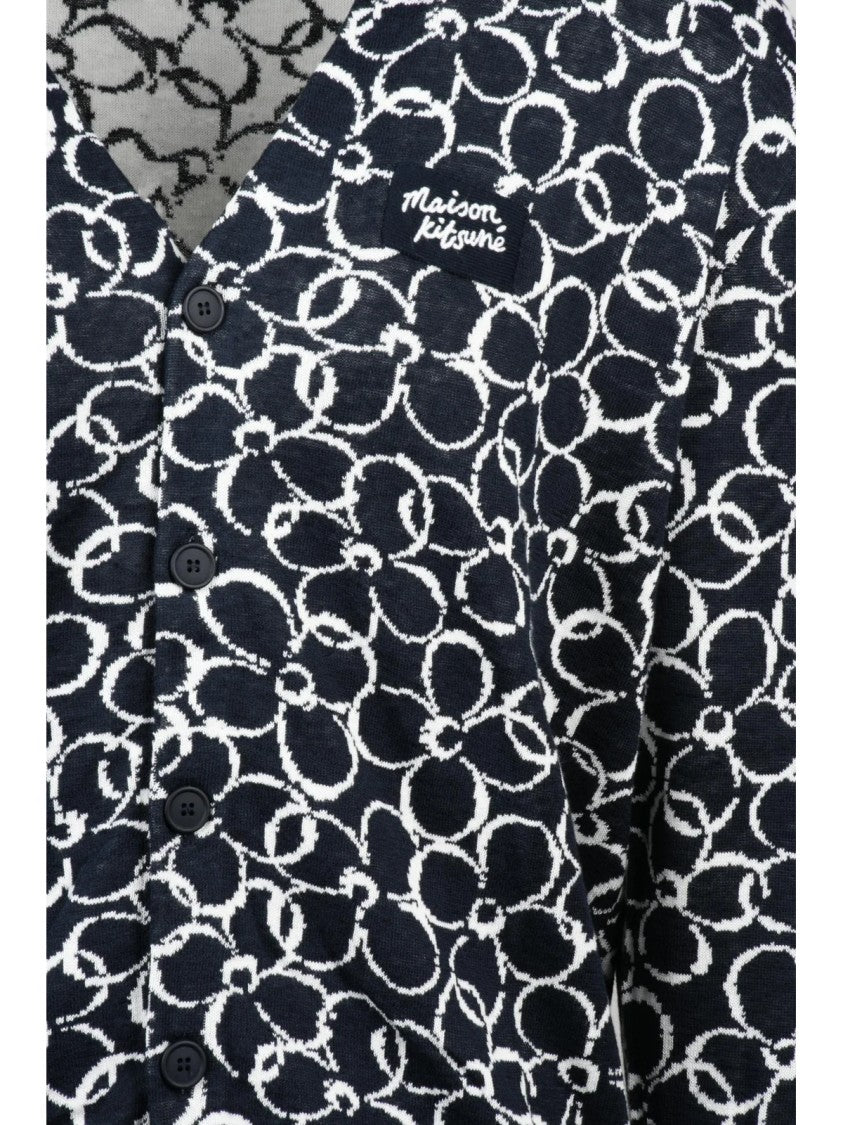Maison Kitsuné Blue Linen-Blend Button Cardigan