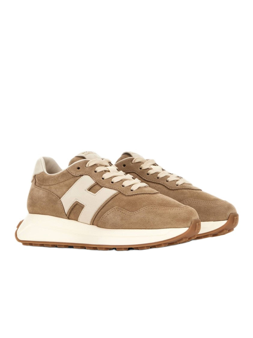 Hogan Minimalistic Beige Suede Sneakers With Cream Accents